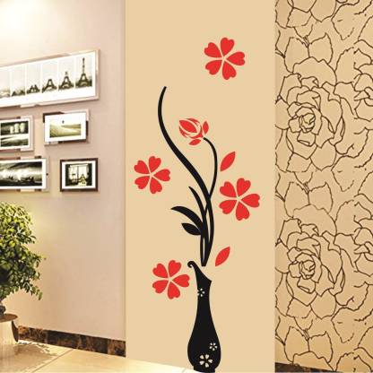 Aquire 120 cm Red Flowers with Vase Home Office Decoration Vinyl Self Adhesive Sticker