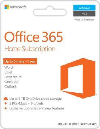 MICROSOFT Office 365 Home 1-year subscription, Up to 5 users (No DvD, Only Activation Card)