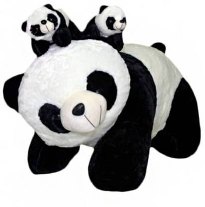 Teddy Multicolor Soft Panda With Two Baby - 35 cm (Black, White)  - 35 cm
