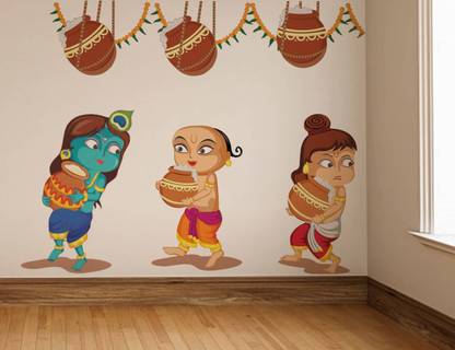 rawpockets 20 cm Lord Krishna Carrying Butter Pot Self Adhesive Sticker