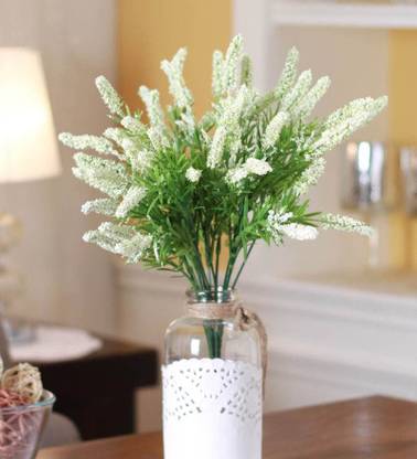 FOURWALLS Fourwalls Artificial Plastic Hogla Green Wall Bush (8 cm x 10 cm x 38 cm,White, Set of 3) White Wild Flower Artificial Flower