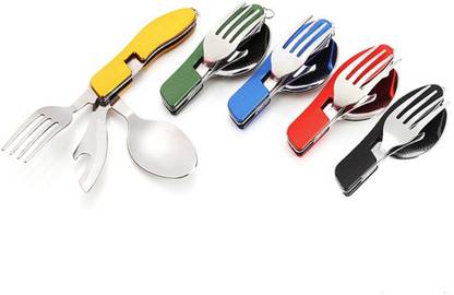 K Kudos Enterprise Camping Utensil Set 3 in 1 Foldable Multi-function Stainless Steel Pocket Fork Spoon Knife Kits Brilliant Eating Utensil for Hiking/Survival ( pack of 1) Stainless Steel Cutlery Set