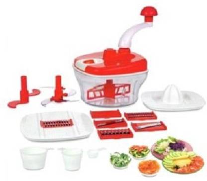 UNIQ 10 in 1 Manual Kitchen Food Processor Multipurpose use, Fruit & Vegetable Multi-chopper, Cutter, Juicer, Slicer, Grater & Dough Maker ( Red ) 250 W Food Processor