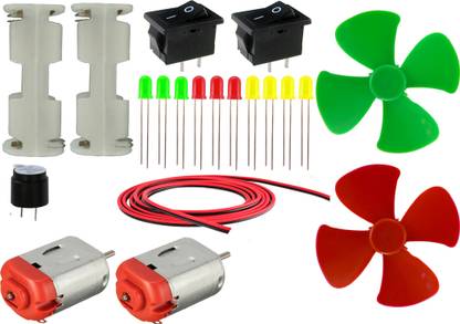 PGSA2Z 20 Items Basic Motor LED Hobby Kit II 20 Items In 1 Kit (2 DCMotor + 2 Battery Holder + 2 Switch + Buzzer + 10 Leds + 2 Propeller + Wire)