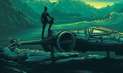 Akhuratha Wall Poster -pastel-Star-Wars-X-wing-green-blue-cyan-pilot-waves-forest-mountain Paper Print