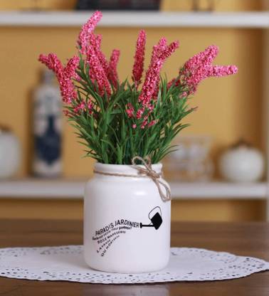 FOURWALLS Artificial Hogla PVC and Melamine Bonsai Tree in a Pot (10 x 10 x 30 Pink) Bonsai Artificial Plant  with Pot