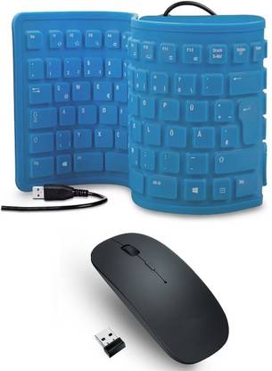 FKU Flexible Blue Keyboard With Black Ultra Slim Wireless Mouse Combo Set