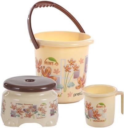 VARMORA ultramorden design Bathroom Accessories 3 Pcs Set- 17 L Plastic Bucket, Round Stool, 1.5L Mug (Beige) 17 L Plastic Bucket