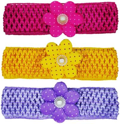 favino Crochet Cutwork Flower Baby Headband ( Pink , Yellow , Purple ) 3 Pcs Set Head Band