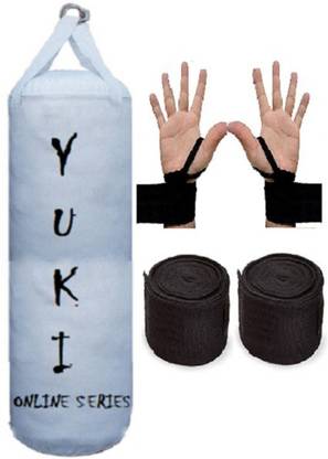 YUKI Online Series 4.5 Feet Long, PU Material, White Color, Unfilled with Hanging Straps with 9 Feet Long Black Color Hand Wraps Pair Boxing Kit