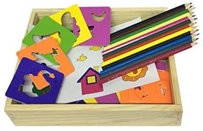 Akrobo Wooden Educational Drawing Game Combination Set With Colour Pencils & Various Shapes For Kid'S