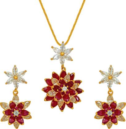 माही Floral Drop Pendant set Gold-plated Ruby अलॉय पेंडेंट सेट
