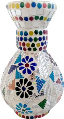 sellersindiya WHITE CLAY PAISTED FLOWER VASE 8 INCHES WITH CHUDI,TICKLY,MIRROR WORK LOOKS DIFFRENT FOR YOU HOME DECORATION Glass Vase