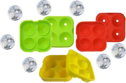 S.Blaze 4 Cavity Flexible Combo of 3 Freezable Silicone Tray Molds, Make 4.5cm Round Ice Ball Spheres, (Size: Length-13 x Width-3 x Height-12) ) Silicone Ice Cube Tray, Silicone Ice Ball Maker Red, Yellow, Green Plastic Ice Ball Tray