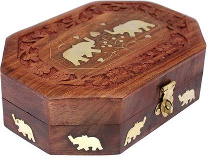 WoodCart H@ndmde Wooden Jewellery Box Octagonal Handcrafted Elephant Brass Inlay & Wood Carvings 8 Inch Makeup, Jewellery & other Utility Vanity Box