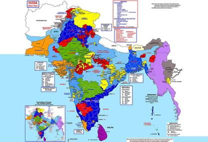 INDIA 1934 1947 under the British, India was divided into a few large directly ruled provinces, mixed with over 500 POSTER PRINT ON 13X19 INCHES 3D Poster