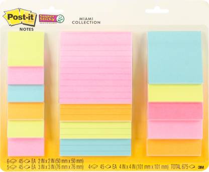 3M Post - It Super Sticky Notes Assorted Sizes 15 Per Package - Miami 2"X2", 3"X3", 4"X4"