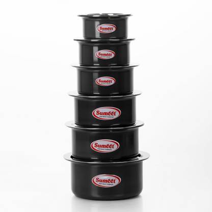 Sumeet 3mm Thick Hard Anodised Tope - Set of 6 with S.S. Lid (Number 9 to 14) Pot 23 cm diameter 2.9 L capacity with Lid