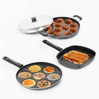 Sumeet Nonstick Essential Combo Set (Multi Snack Maker - 7 Pcs + Grill Pan - 22cm + Grill Appam Patra - 12 Pcs) NA Pan 23 cm diameter with Lid 0 L capacity