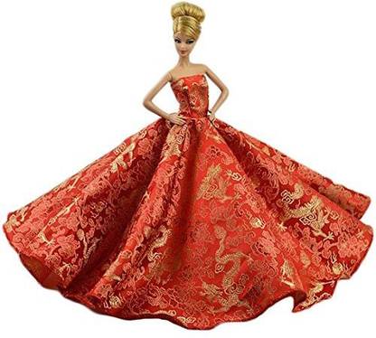 Generic Red Chinese Style Gorgeous Wedding Dress Party Gown For Barbie Doll Clothes Shoes Doll House Accessories Kids Gift