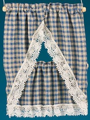 Generic Jane Dollhouse Blue Beige Gingham Country Kitchen Curtains & Valance 1:12 Accessory