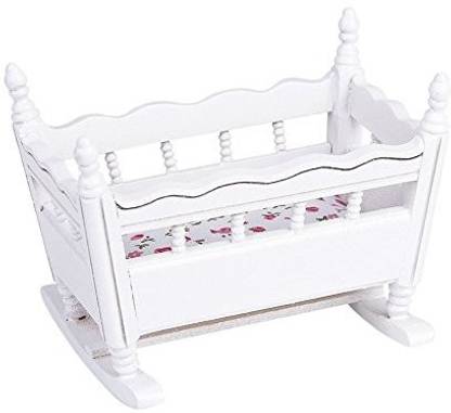 Hrzyecommerce 1/12 Baby Crib Dollhouse Miniature White Wooden Nursery Cradle Doll House Furniture Accessories
