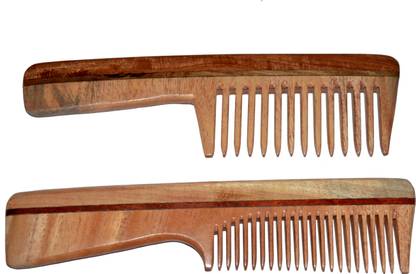 BLITHE PACK OF 2 WIDE TOOTH & FINE TOOTH NEEM WOOD COMBS WITH HANDLE