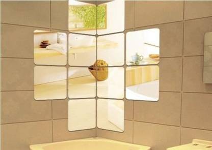 AtulyaArts 60 cm Decorative reflective SQUARES Golden (Pack of 12) (10 cm each) 3D Mirror 3D Acrylic Wall sticker, 3D Acrylic stickers for wall, 3D Acrylic Mirror stickers for living room, bedroom, kids room, 3D Acrylic mural for home & offices décor Self Adhesive Sticker