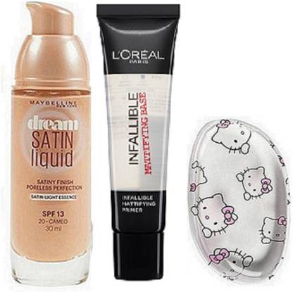 MAYBELLINE NEW YORK Dream Satin Liquid Foundation, Silicon Puff, Loreal Infallible Primer