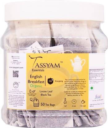 Tassyam English Breakfast Organic | 50 Staple Free Tea Bags Black Tea Bags Box
