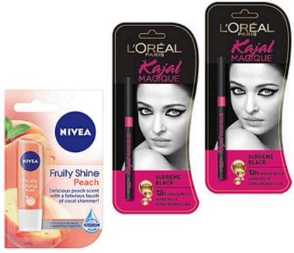 NIVEA Peach Lip Balm & Loreal Kajal Pack Of 2