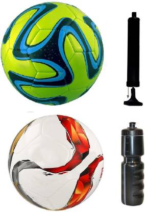 AkshMall Kit of Green Brazuca Football + Torfabrik Multicolor Football (Size-5) - Pack of 2 Balls with Air Pump & Sipper Football Kit