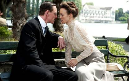 Wall Poster a/keira-knightley-bench-couple-lovers-white-dress-michael-fassbender-hair-up-a-dangerous-method-carl-jung Paper Print