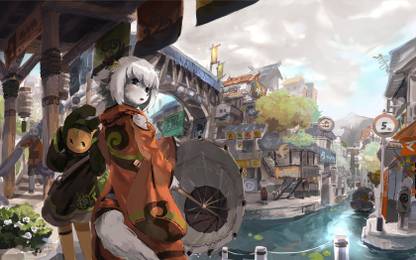 Athahdesigns Anime anthropomorphism-cities-furry-japan-soft-shading-umbrellasWallpaper Paper Print