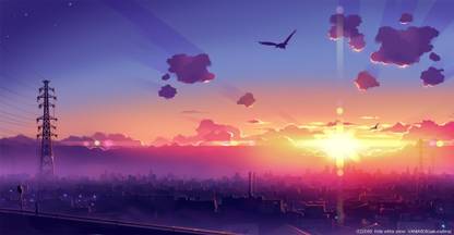 Athahdesigns Anime bird-city-city-night-japan-manga-night-night-sky-sky-town-warm-warm-colorsWallpaper Paper Print