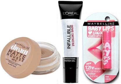 MAYBELLINE NEW YORK Dream Matte Mousse Foundation, Loreal Paris Infallible Primer & Pink Lolita Lip Balm