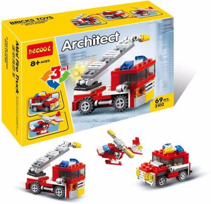 Shanaya Kiditos Decool Architect Series 3 IN 1 Mini Fire Truck Building Blocks Bricks Toys 69 Pcs (Multicolor)