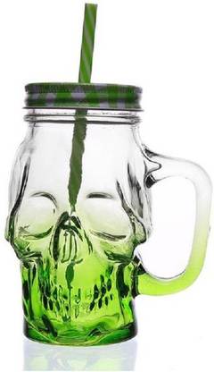 SMART SKILL - HOME UTILITY - GLASSWARE - MASON SKULL HEAD SHAPE SHAKE/ DRINK/ MILK/JUICE JAR WITH LID AND STRAW PACK OF 1 Glass Mason Jar