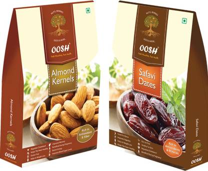 Oosh California Almond Kernel 250g & Safavi Dates 200g | Premium Dry Fruit Dates, Almonds