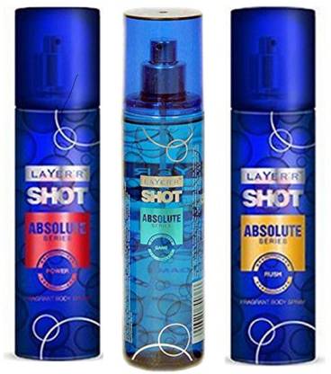LAYER'R Shot Absolute Series Power, Game and Rush Perfume Body Spray Pack of 3 Combo (135ML each) Perfume Body Spray  -  For Men