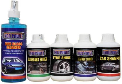 INDOPOWER CAR GLASS CLEANER 500ml.+ DASHBOARD SHINER 250ml.+ TYRE SHINER 250ml.+ LEATHER SHINER 250ml.+CAR SHAMPOO 250ml. Swift Dzire,Gypsy (SUV) , WagonR, Mahindra e2o , Hyundai Elite i20,ford eco sport,Innova,Scorpio ETC. Vehicle Interior Cleaner