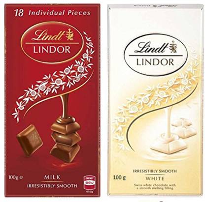 LINDT Lindor Combo of 2 Irresistibly Smooth Chocolates (White + Milk), 100gm Bars