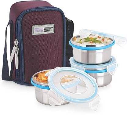 Steel Lock Airtight & Leak Proof Stainless Steel Lunch Box/Meal Box/Tiffin Box With Insulated Bag, 3 Pcs Set, Assorted Color 3 Containers Lunch Box