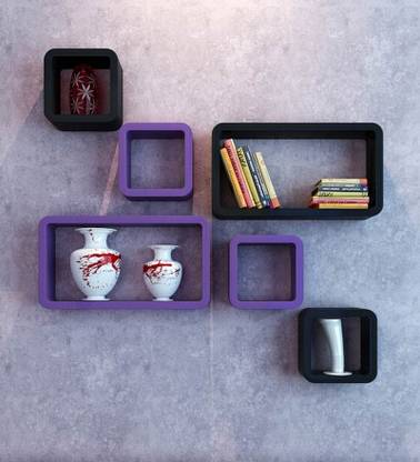 eCraftIndia Set of 6 Cubical and Rectangular Blocks Wooden Multiutility Wall Shelf (Purple and Black) वुडेन वॉल शेल्फ