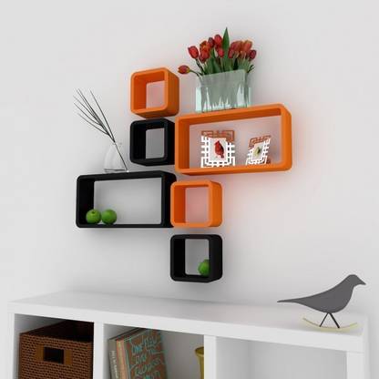 eCraftIndia Set of 6 Cubical and Rectangular Blocks Wooden Multiutility Wall Shelf (Orange and Black) Wooden Wall Shelf