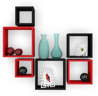 eCraftIndia Set of 6 Square Nested Blocks Wooden Multiutility Wall Shelf (Black & Red) Wooden Wall Shelf