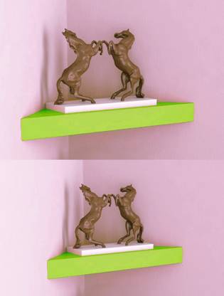 eCraftIndia Decorative Set of 2 Colored Corner Wall Shelves - Green Wooden Wall Shelf