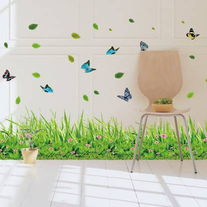 Aquire 137 cm Wall Stickers Green Grass Skirting Design with Butterflies PVC Vinyl Self Adhesive Sticker