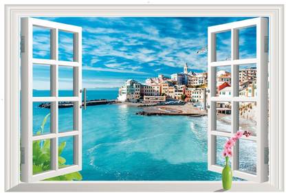 Aquire 85 cm Wall Stickers 3D Window Sea Shore City View PVC Vinyl Wall Stickers in Home Decor Self Adhesive Sticker