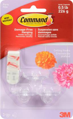 3M Command Party Ceiling Hooks - 3 Hooks And 4 Foam Strips Per Package